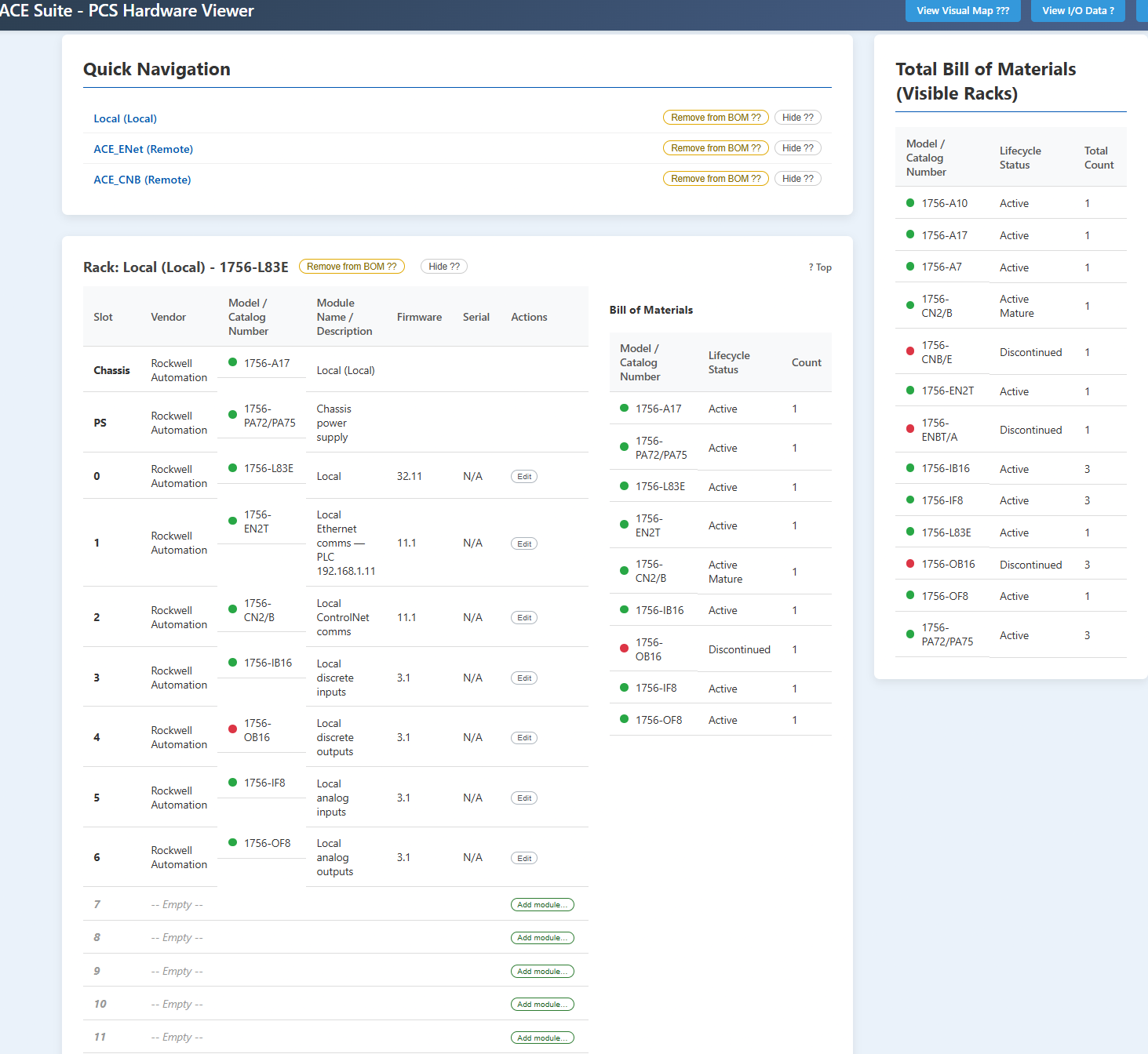 Hardware BOM with lifecycle status dots on each catalog